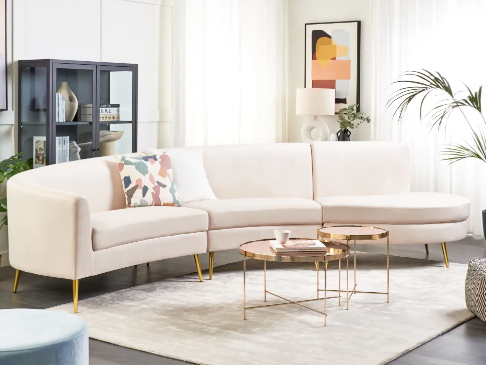 4 Seater Curved Velvet Sofa Beige Moss