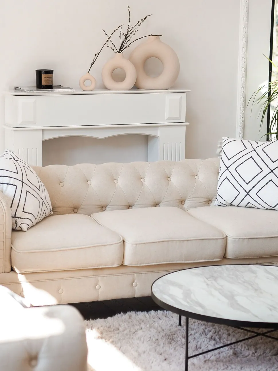 3 Seater Fabric Sofa Beige Chesterfield Big