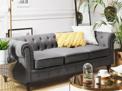3 Seater Fabric Sofa Grey Chesterfield