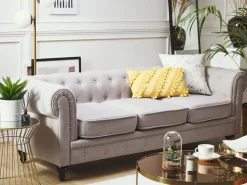 3 Seater Fabric Sofa Light Grey Chesterfield
