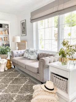3 Seater Fabric Sofa Light Grey Chesterfield