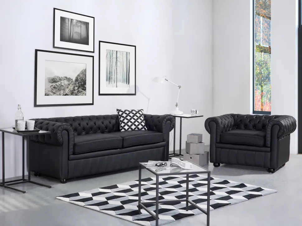3 Seater Leather Sofa Black Chesterfield