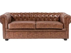 3 Seater Sofa Faux Leather Golden Brown Chesterfield