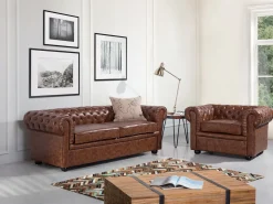3 Seater Sofa Faux Leather Golden Brown Chesterfield