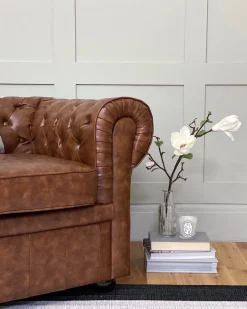 3 Seater Sofa Faux Leather Golden Brown Chesterfield