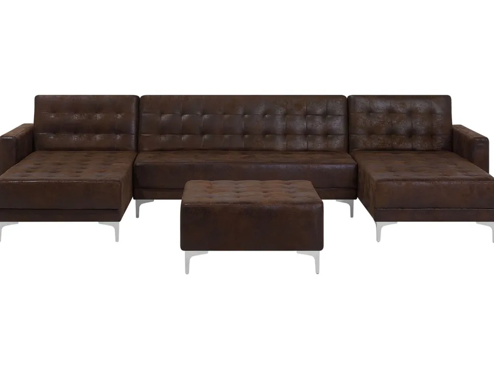 5 Seater U-Shaped Modular Faux Leather Sofa With Ottoman Brown Aberdeen