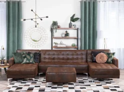 5 Seater U-Shaped Modular Faux Leather Sofa With Ottoman Brown Aberdeen