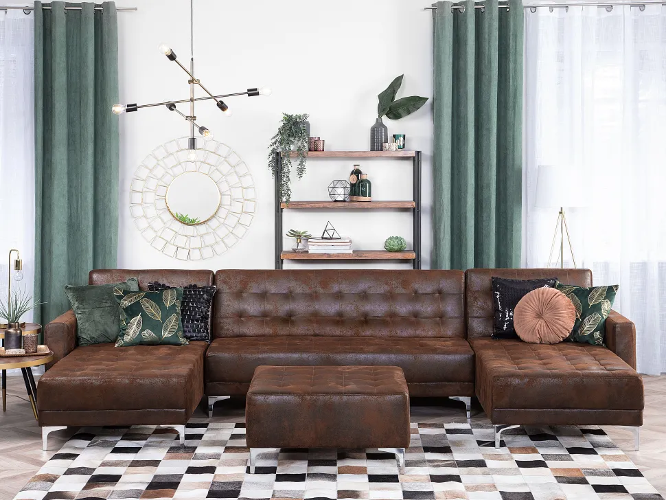 5 Seater U-Shaped Modular Faux Leather Sofa With Ottoman Brown Aberdeen