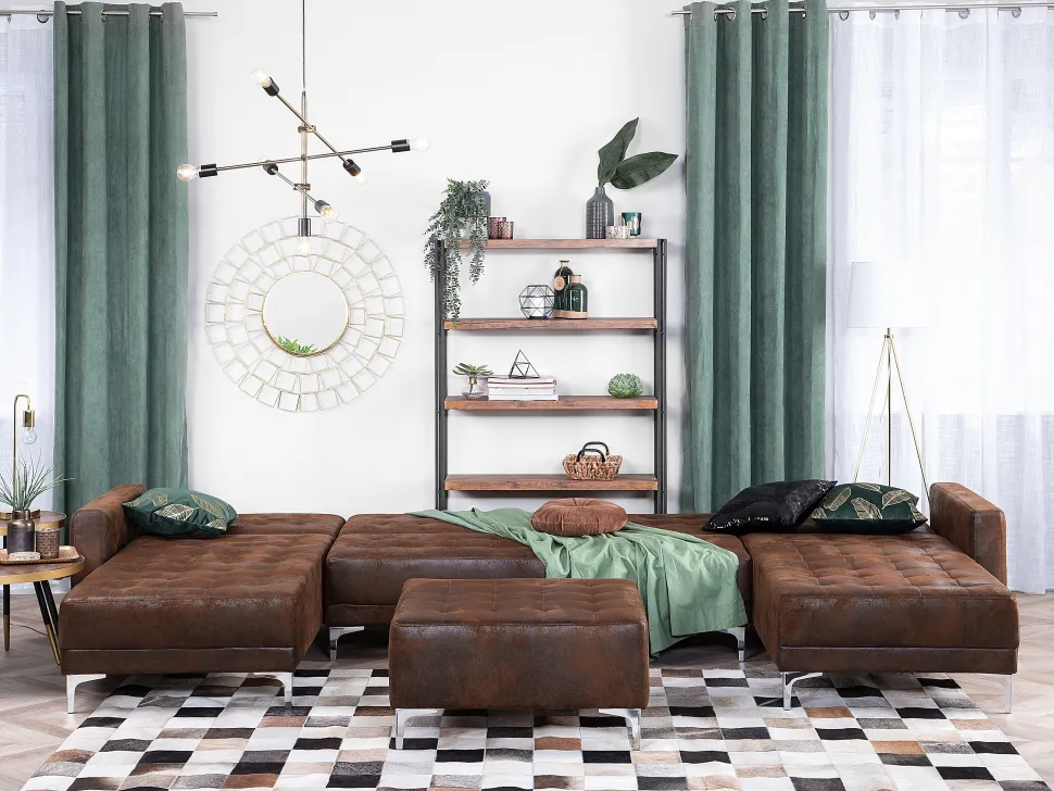 5 Seater U-Shaped Modular Faux Leather Sofa With Ottoman Brown Aberdeen