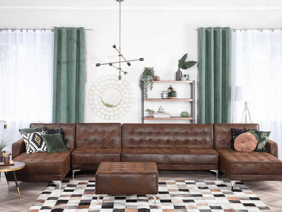 6 Seater U-Shaped Modular Faux Leather Sofa With Ottoman Brown Aberdeen