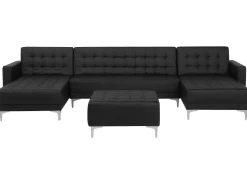 5 Seater U-Shaped Modular Faux Leather Sofa With Ottoman Black Aberdeen