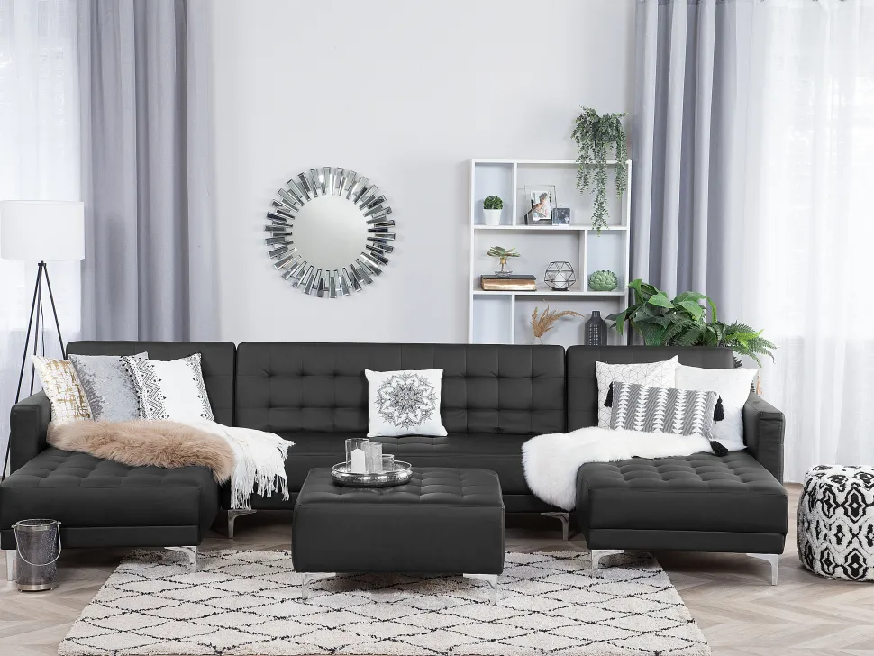 5 Seater U-Shaped Modular Faux Leather Sofa With Ottoman Black Aberdeen