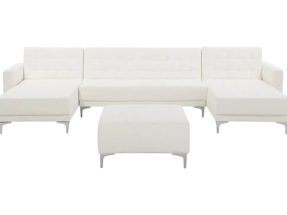 5 Seater U-Shaped Modular Faux Leather Sofa With Ottoman White Aberdeen