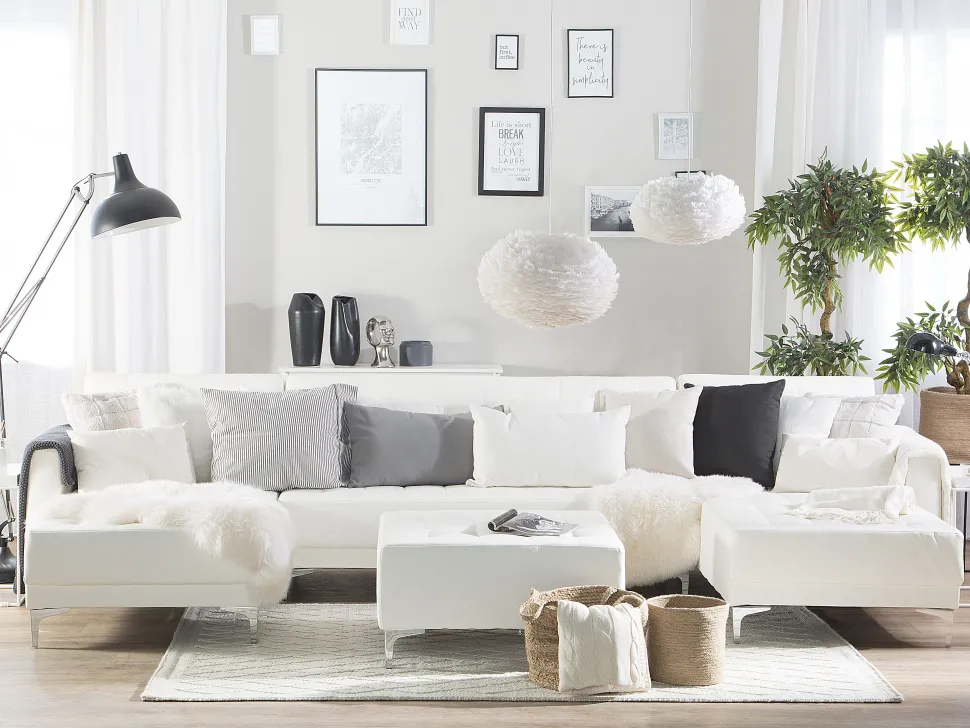 5 Seater U-Shaped Modular Faux Leather Sofa With Ottoman White Aberdeen