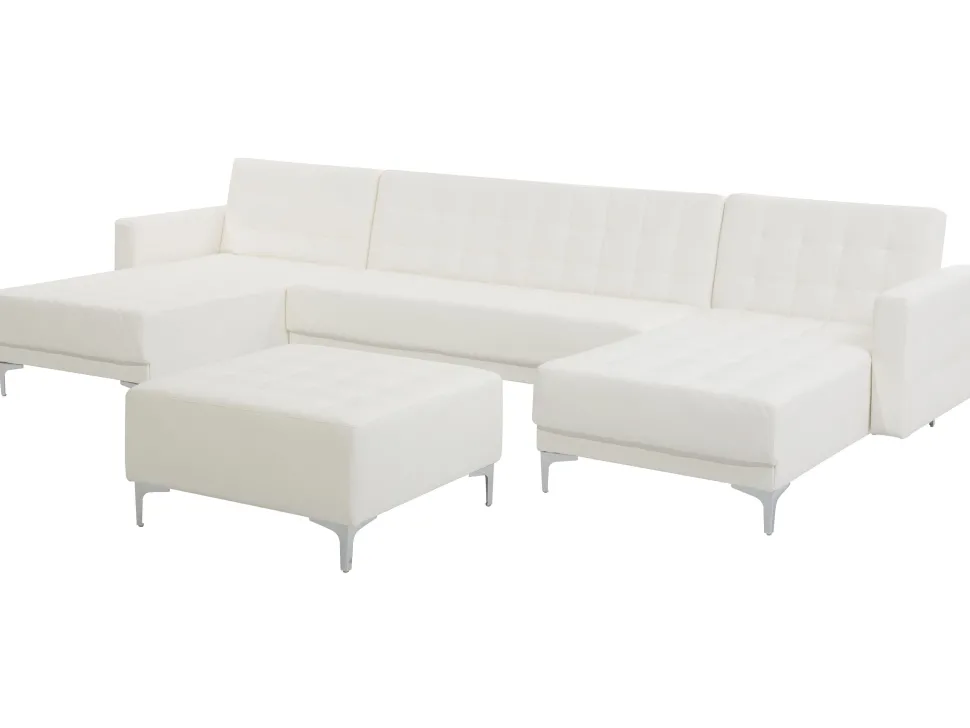 5 Seater U-Shaped Modular Faux Leather Sofa With Ottoman White Aberdeen