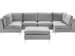 6 Seater U-Shaped Modular Velvet Sofa With Ottoman Grey Evja