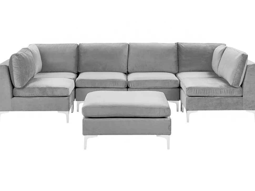 6 Seater U-Shaped Modular Velvet Sofa With Ottoman Grey Evja