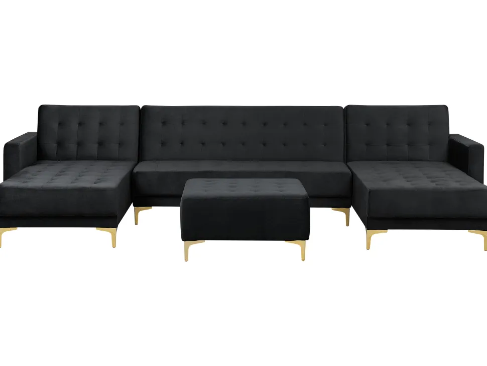 5 Seater U-Shaped Modular Velvet Sofa With Ottoman Black Aberdeen
