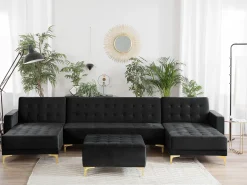 5 Seater U-Shaped Modular Velvet Sofa With Ottoman Black Aberdeen