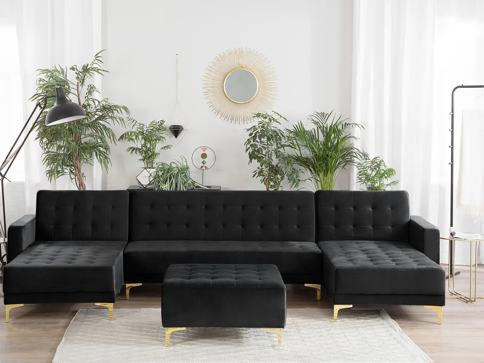5 Seater U-Shaped Modular Velvet Sofa With Ottoman Black Aberdeen