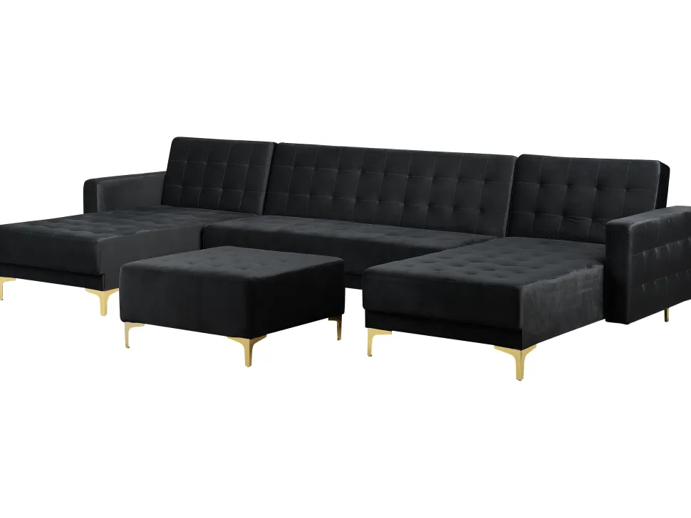 5 Seater U-Shaped Modular Velvet Sofa With Ottoman Black Aberdeen