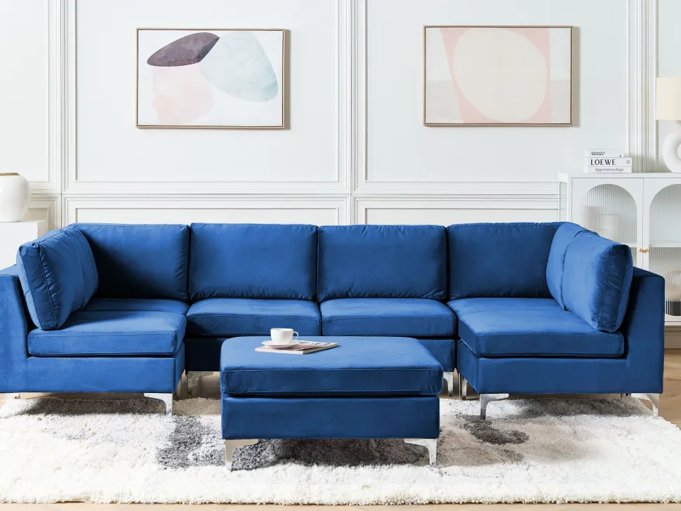 6 Seater U-Shaped Modular Velvet Sofa With Ottoman Blue Evja