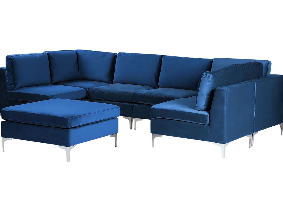 6 Seater U-Shaped Modular Velvet Sofa With Ottoman Blue Evja