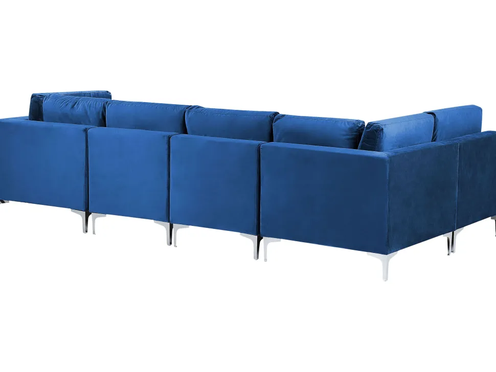 6 Seater U-Shaped Modular Velvet Sofa With Ottoman Blue Evja