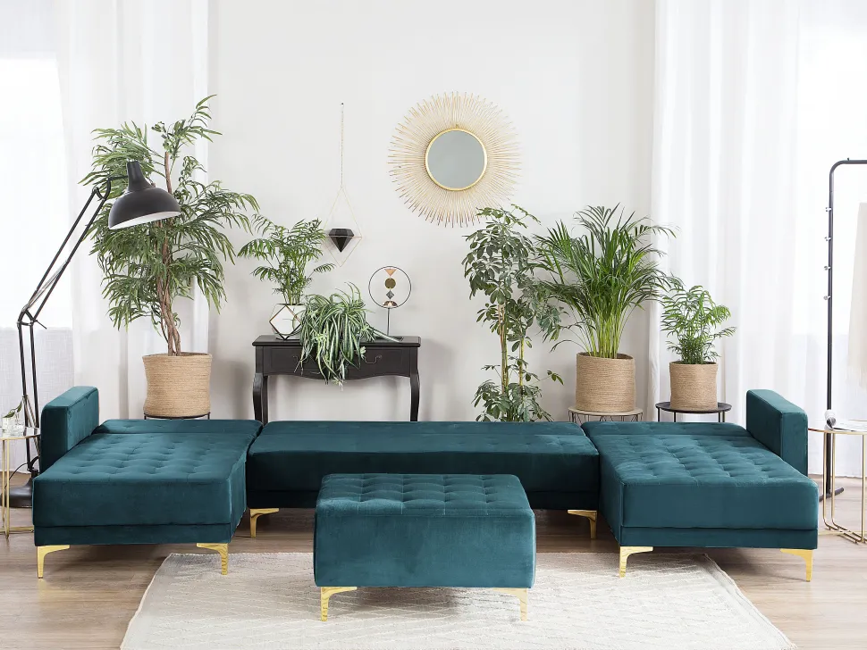 5 Seater U-Shaped Modular Velvet Sofa With Ottoman Teal Aberdeen