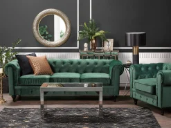 3 Seater Velvet Fabric Sofa Green Chesterfield