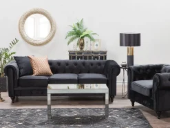 3 Seater Velvet Fabric Sofa Black Chesterfield