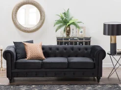 3 Seater Velvet Fabric Sofa Black Chesterfield