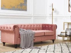 3 Seater Velvet Fabric Sofa Pink Chesterfield