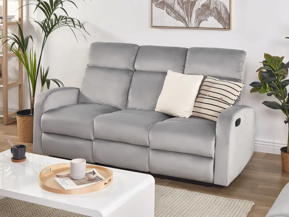 3 Seater Velvet Manual Recliner Sofa Light Grey Verdal