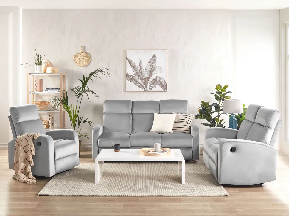 3 Seater Velvet Manual Recliner Sofa Light Grey Verdal