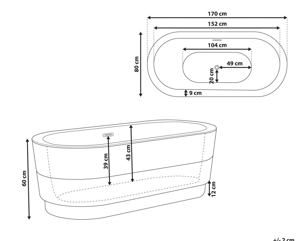 Badewanne Freistehend Weis Oval 170 X 80 Cm Empresa