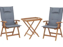 Balkonset Akazienholz Hellbraun 2-Sitzer Verstellbar Auflagen Blau Java