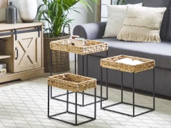 Beistelltisch 3Er Set Wasserhyazinthe Beige / Schwarz Rechteckig Hawi