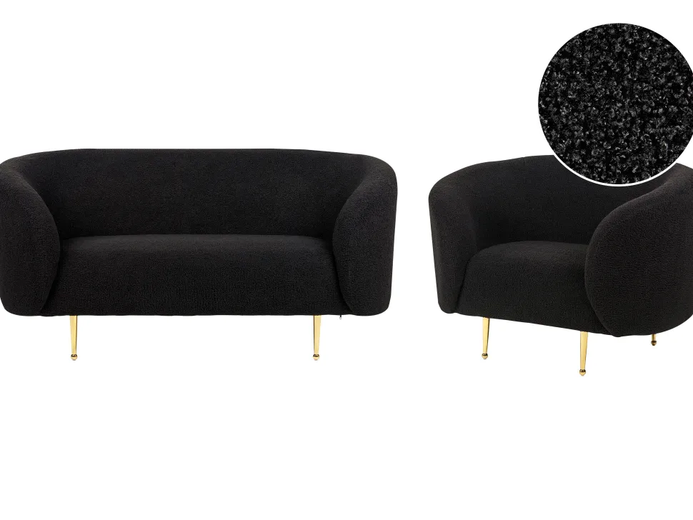 Boucle Living Room Set Black Loen