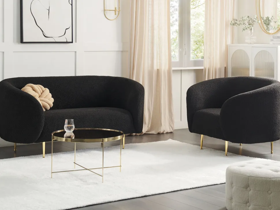 Boucle Living Room Set Black Loen