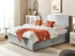 Boxspringbett Polsterbezug Hellgrau Mit Bettkasten Hochklappbar 160 X 200 Cm Minister
