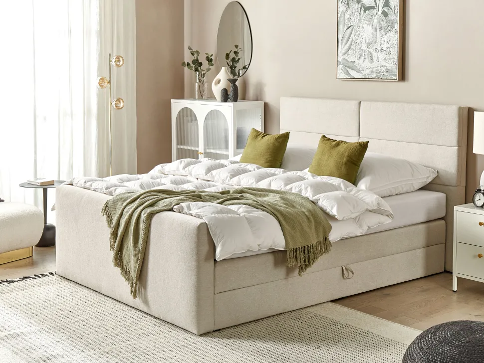 Boxspringbett Polsterbezug Hellbeige Mit Bettkasten Hochklappbar 160 X 200 Cm Aristocrat