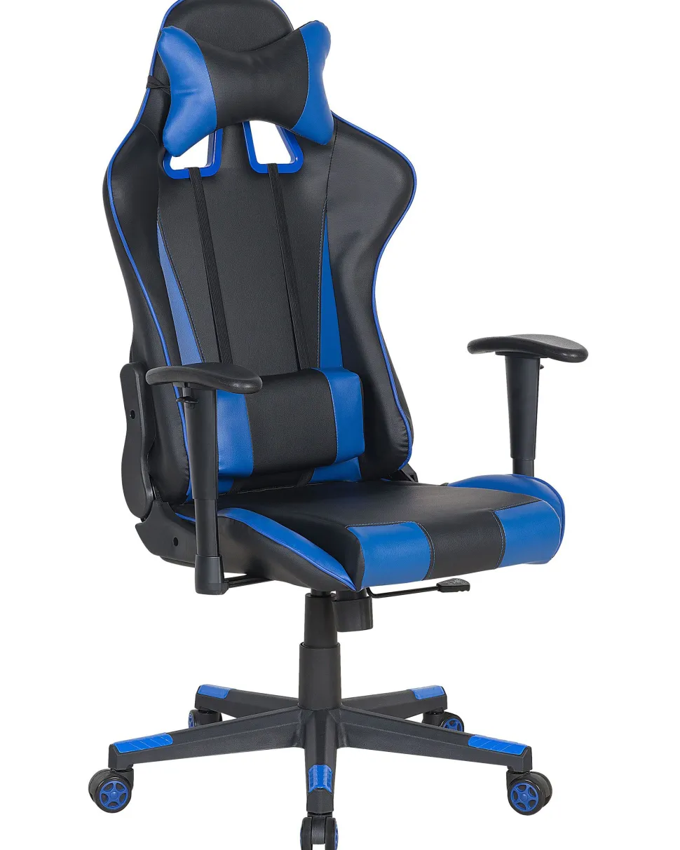 Burostuhl Kunstleder Schwarz / Dunkelblau Hohenverstellbar Mit Fusstutze Gamer