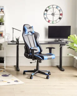 Burostuhl Kunstleder Schwarz / Dunkelblau Hohenverstellbar Mit Fusstutze Gamer