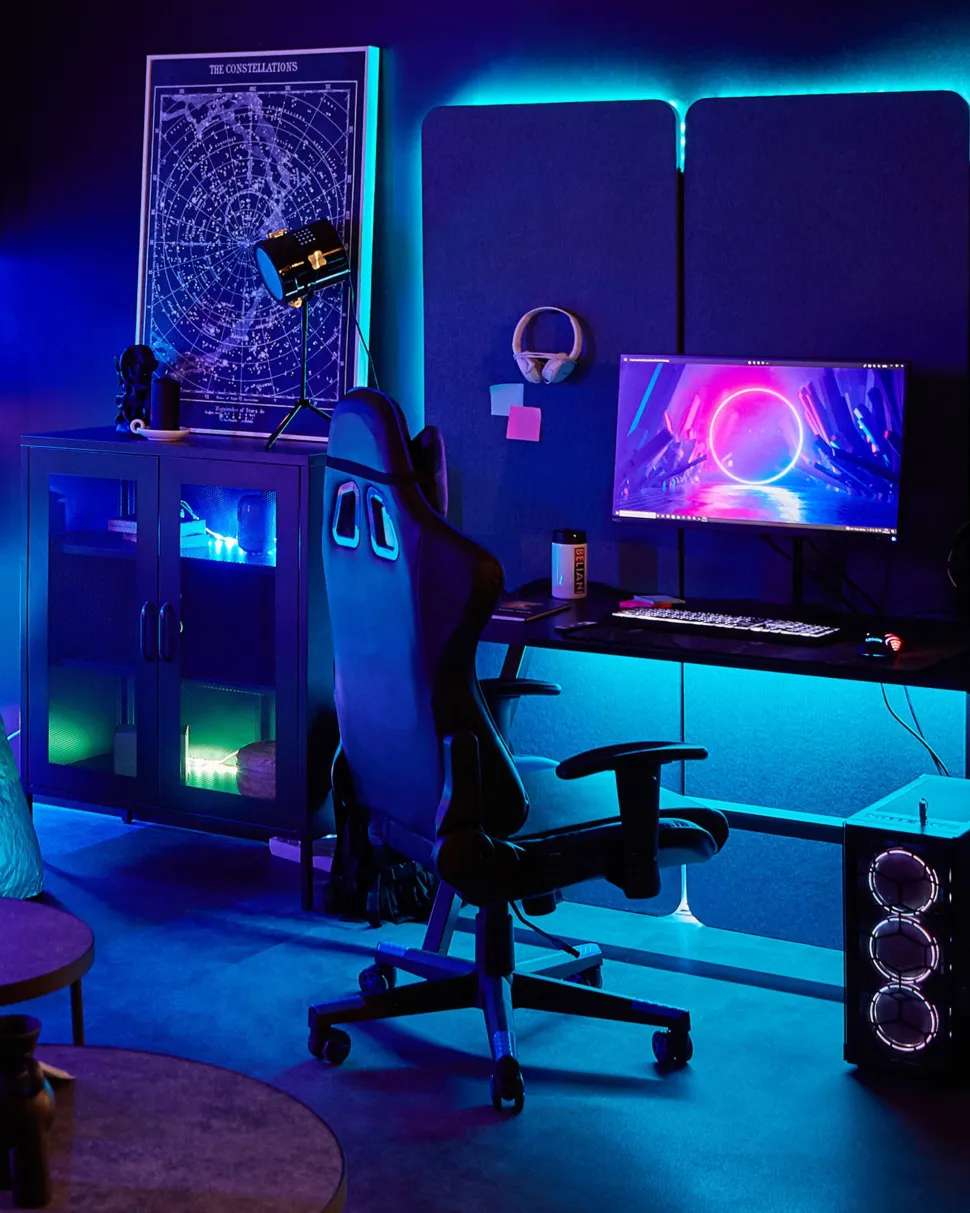 Burostuhl Kunstleder Schwarz / Dunkelblau Hohenverstellbar Mit Fusstutze Gamer
