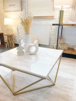 Couchtisch Marmor Optik Beige / Gold Quadratisch 80 X 80 Cm Malibu