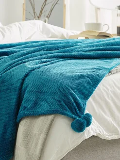 Decke Turkis Mit Pompons 200 X 220 Cm Saitler