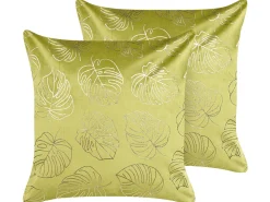 Dekokissen Blattermotiv Samtstoff Hellgrun / Gold 45 X 45 Cm 2Er Set Monstera
