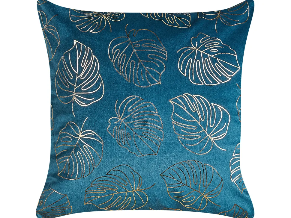 Dekokissen Blattermotiv Samtstoff Blau 45 X 45 Cm 2Er Set Monstera
