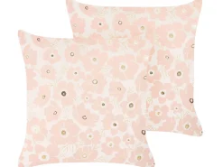 Dekokissen Blumenmotiv Samtstoff Rosa / Beige 45 X 45 Cm 2Er Set Triteleia